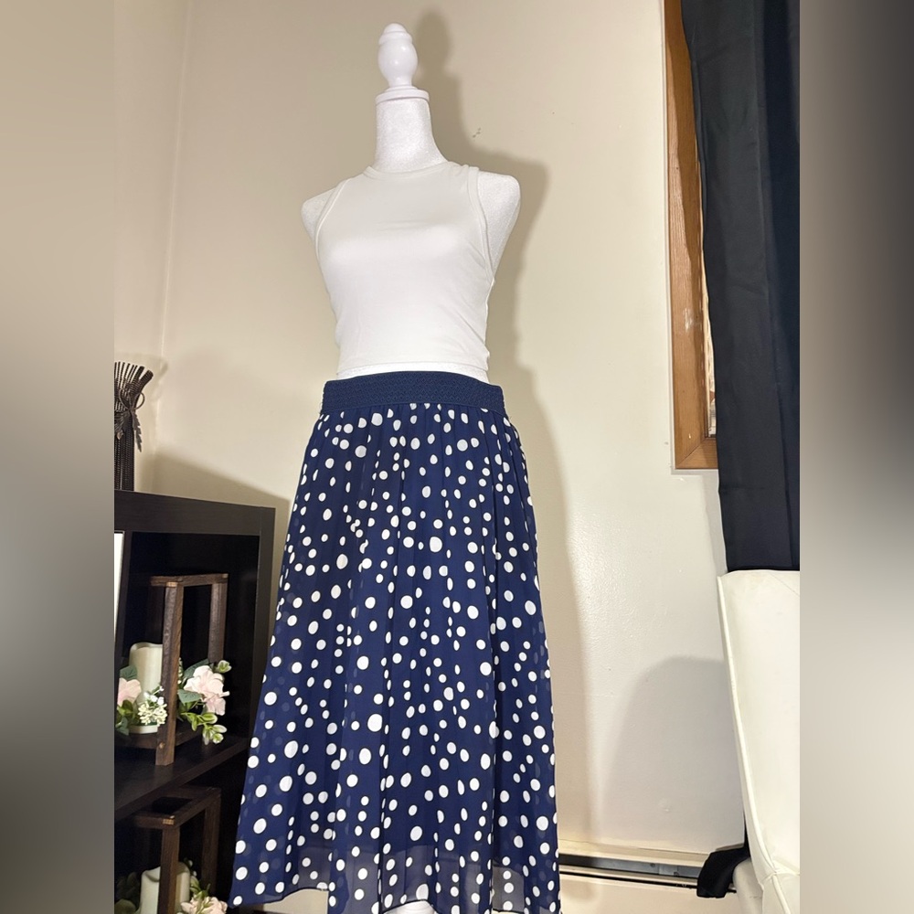 Metro Wear Navy Polka Dot A-Line Midi Skirt